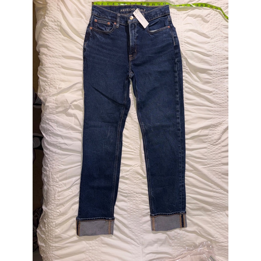 American Eagle Super High Rise Straight Jeans Dark Stretch Cuffed Size 2 T05-10